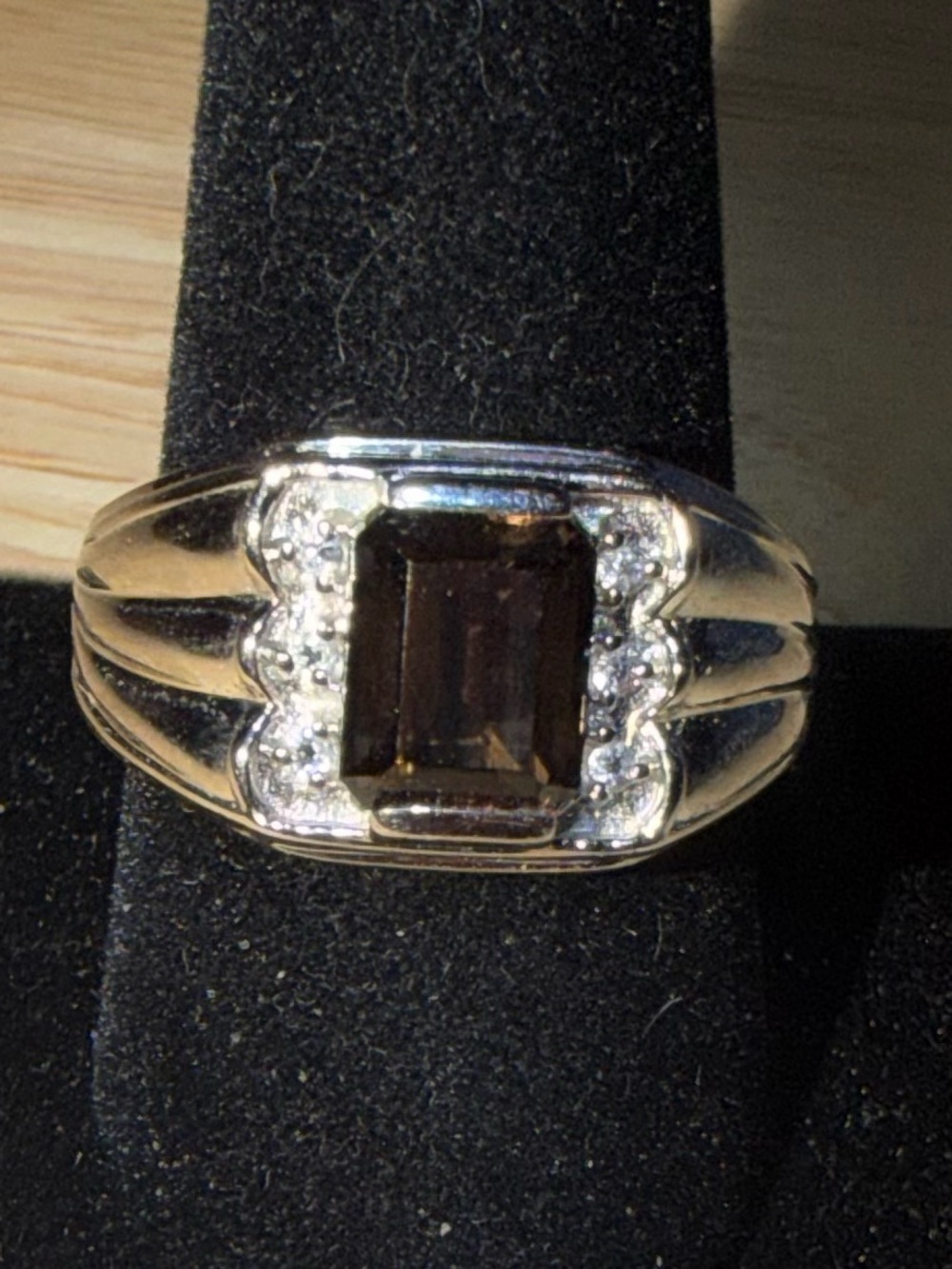 Classic Smoky Quartz and White Topaz Sterling Ring. Made by Karis. Size 10